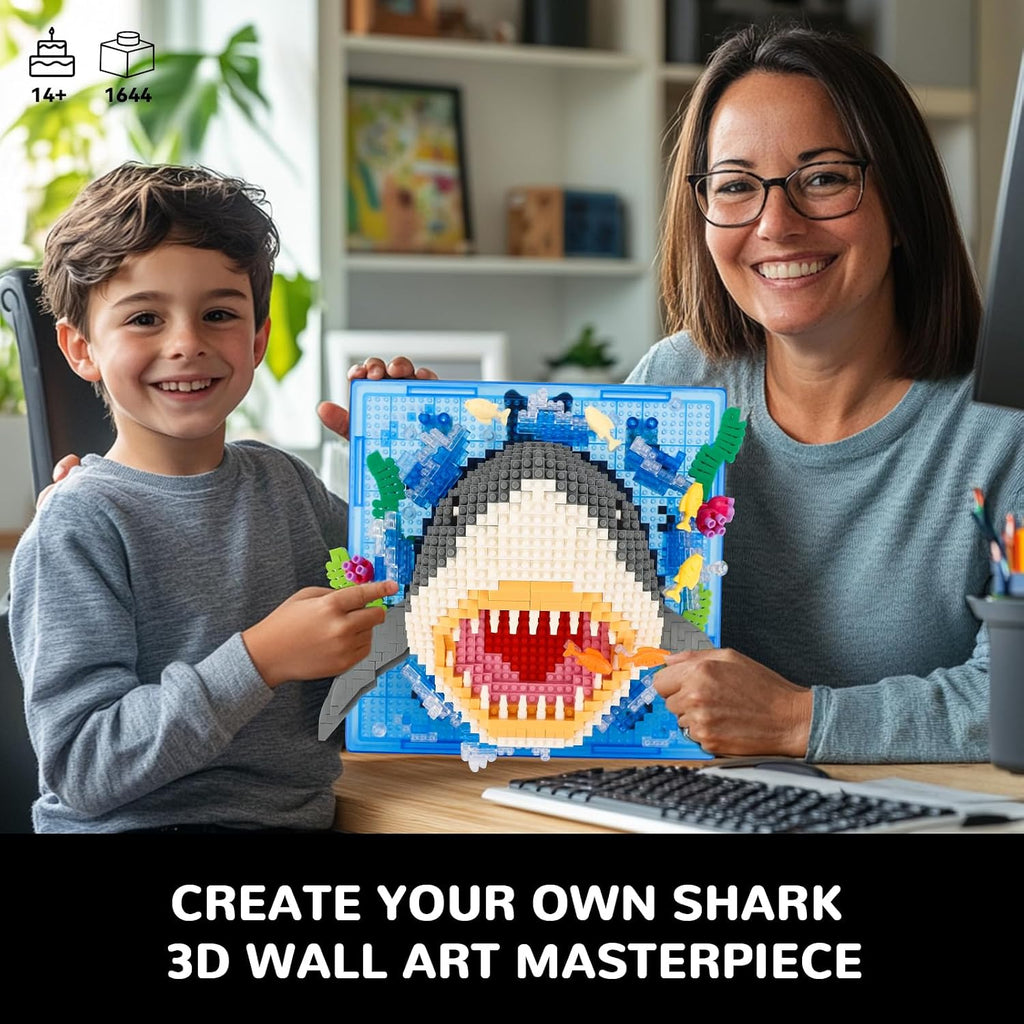 Juego de microbloques de construcción de diseño de animales de tiburón 3D, decoración única de pared para el hogar o exhibición de mesa, no compatible con Lego, juguete de regalo ideal para adultos y niños y niñas de 14 años en adelante (1644 piezas)