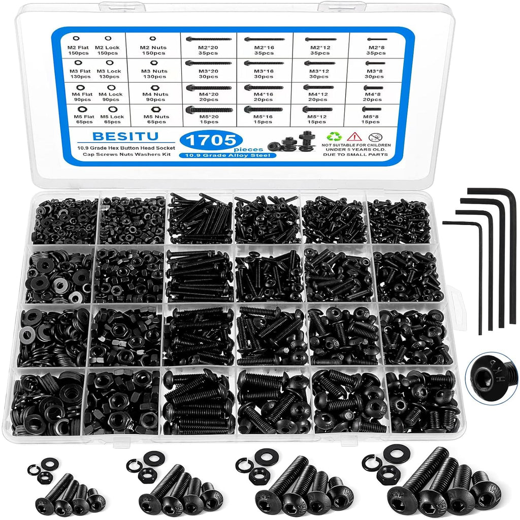 Kit de Surtido de Tornillos de Máquina de 1705 Piezas, Kit de Pernos y Tuercas Métricas M2 M3 M4 M5 con Arandelas de Seguridad y Planas, Juego de Tornillos de Cabeza Hexagonal de Botón de Acero