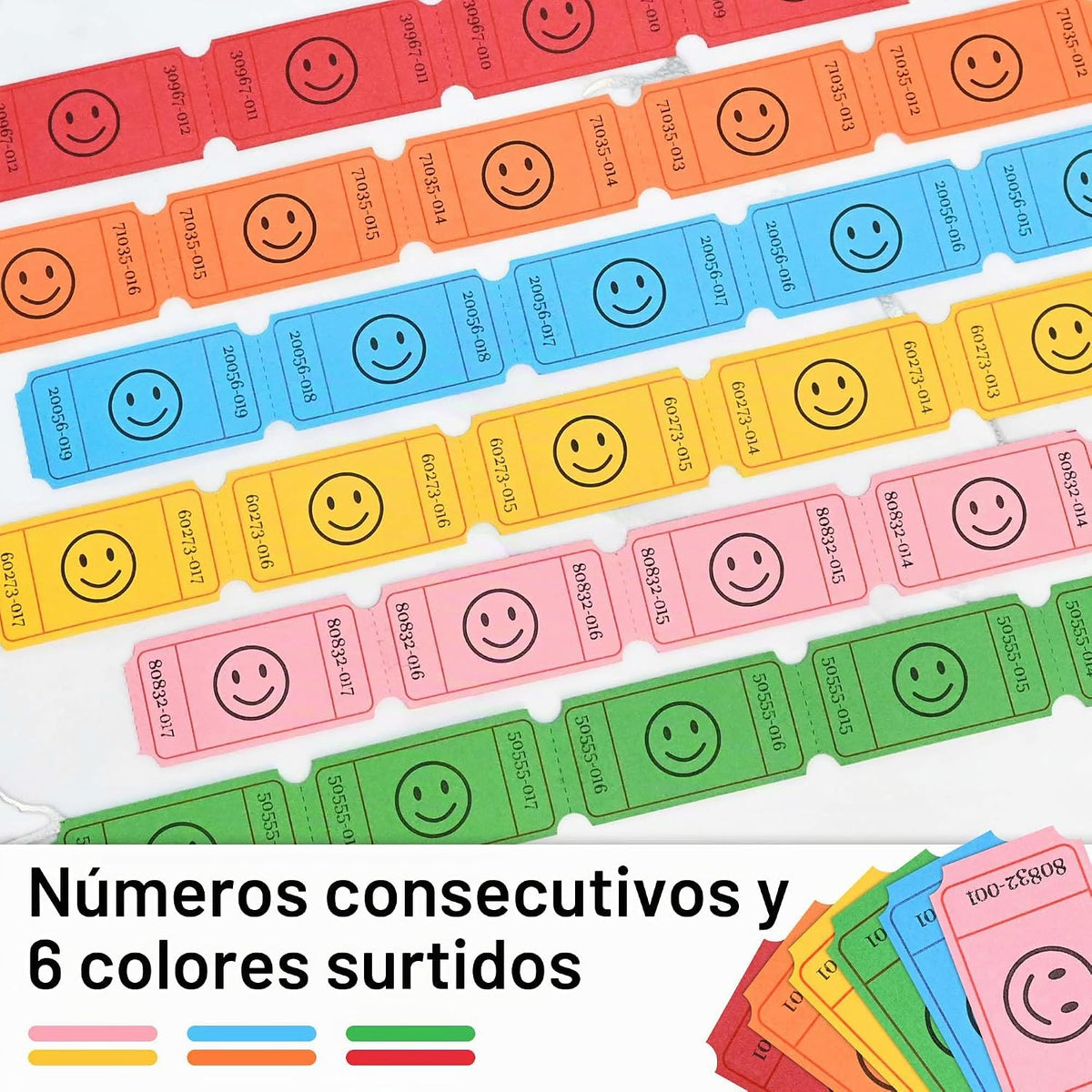 LLIKED 3000 Tickets de Rifas, 1x2 Pulgadas Diseño de Sonrisa, 6 Rollos de Colores Surtidos