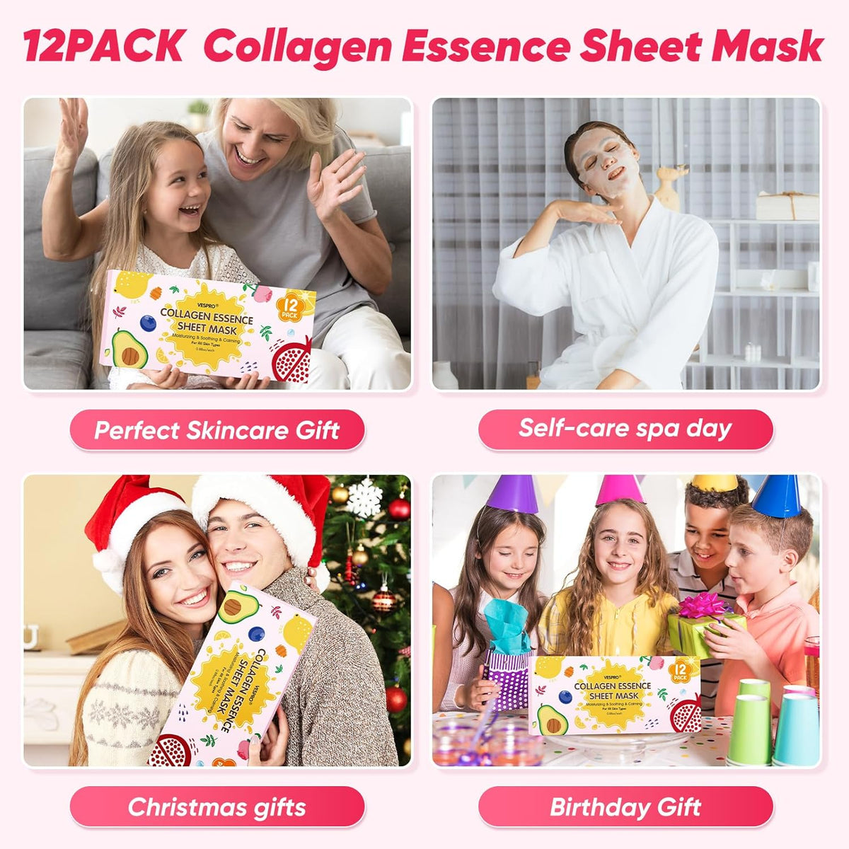 12 Pack de mascarillas faciales para mujeres, mascarilla facial hid...