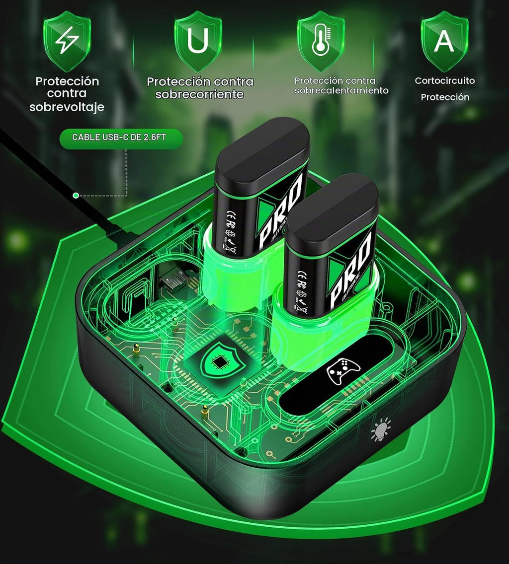 Paquetes de baterías recargables de carga rápida mejoradas con control de luz, 4 x 4080 mWh baterías de controlador Xbox con base de cargador para Xbox Series X|S, One S/X/Elite, fundas y juegos de almacenamiento