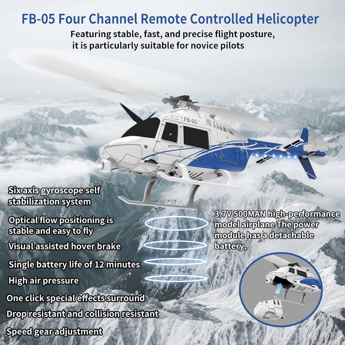 Helicóptero de control remoto FB-05, helicóptero de rotor único de 6 canales con giroscopio de 6 ejes, retención de altitud, aterrizaje de despegue de una tecla, parada de emergencia circular