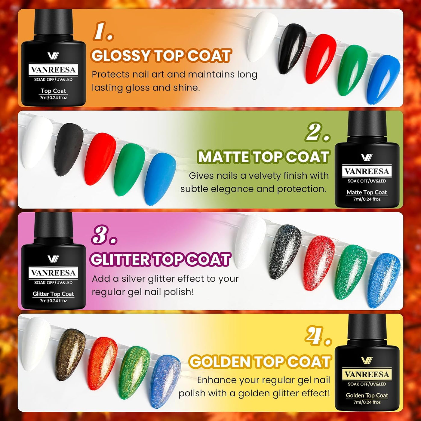 VANREESA Juego de 24 esmaltes de uñas de gel de otoño con capa base...