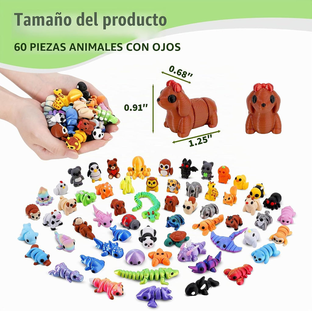60 mini animales impresos en 3D, juguetes articulados para la