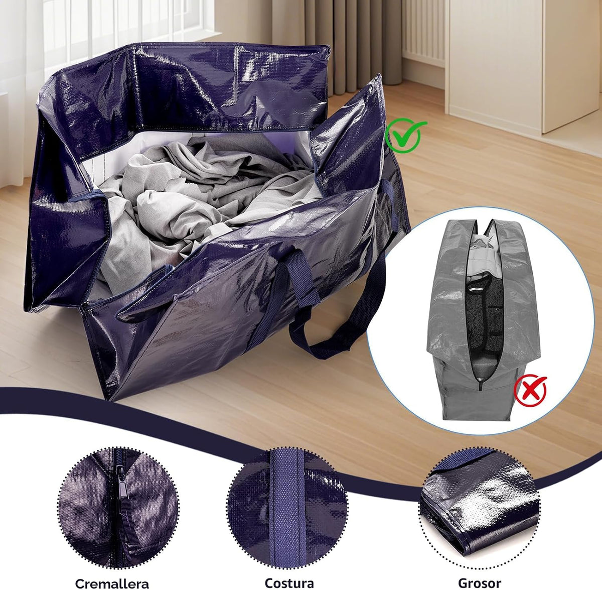 Paquete de 12 bolsas de mudanza con cremallera lateral completamente abierta, extra grandes de 93 L, resistentes, impermeables, plegables, para dormitorio universitario, organización de mudanzas y hogar, color azul oscuro