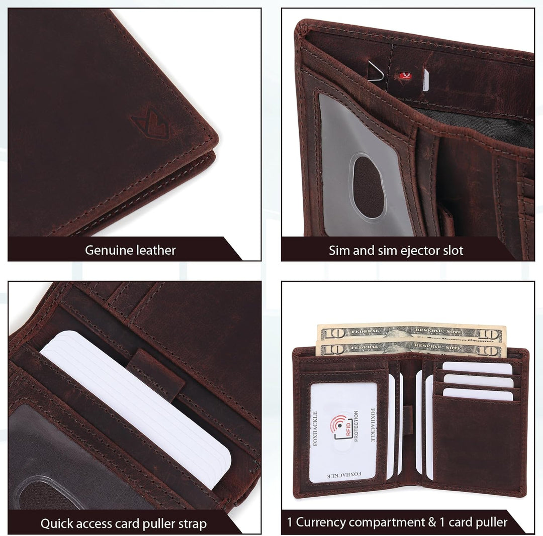 FOXHACKLE Cartera delgada de cuero plegable para hombre con bolsill...