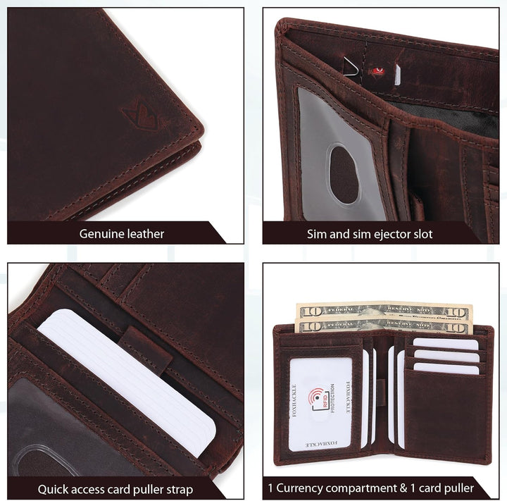 FOXHACKLE Cartera delgada de cuero plegable para hombre con bolsill...