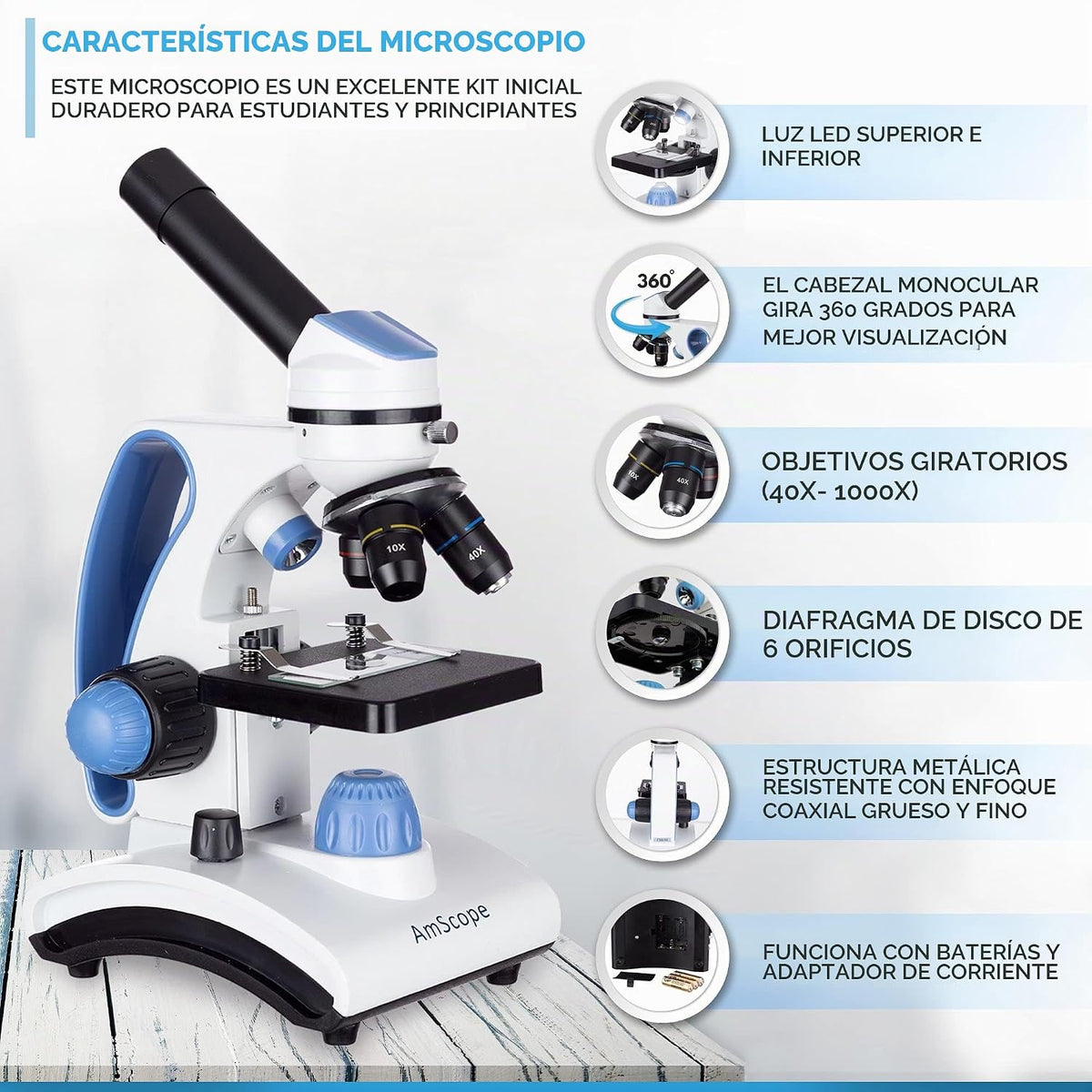 AmScope M162C-2L-PB10-WM "Galardonado en 2018 como el mejor kit de microscopio para estudiantes y niños" - Microscopio todo metal de 40X-1000X con luz dual, con portaobjetos y libro de microscopio