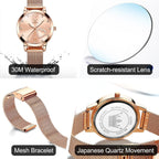 OLEVS Reloj de muñeca pequeño en tono oro rosa para mujer, lindo dial de números arábigos con corazón de diamante, pulsera de malla impermeable a la moda, vestido analógico para mujer