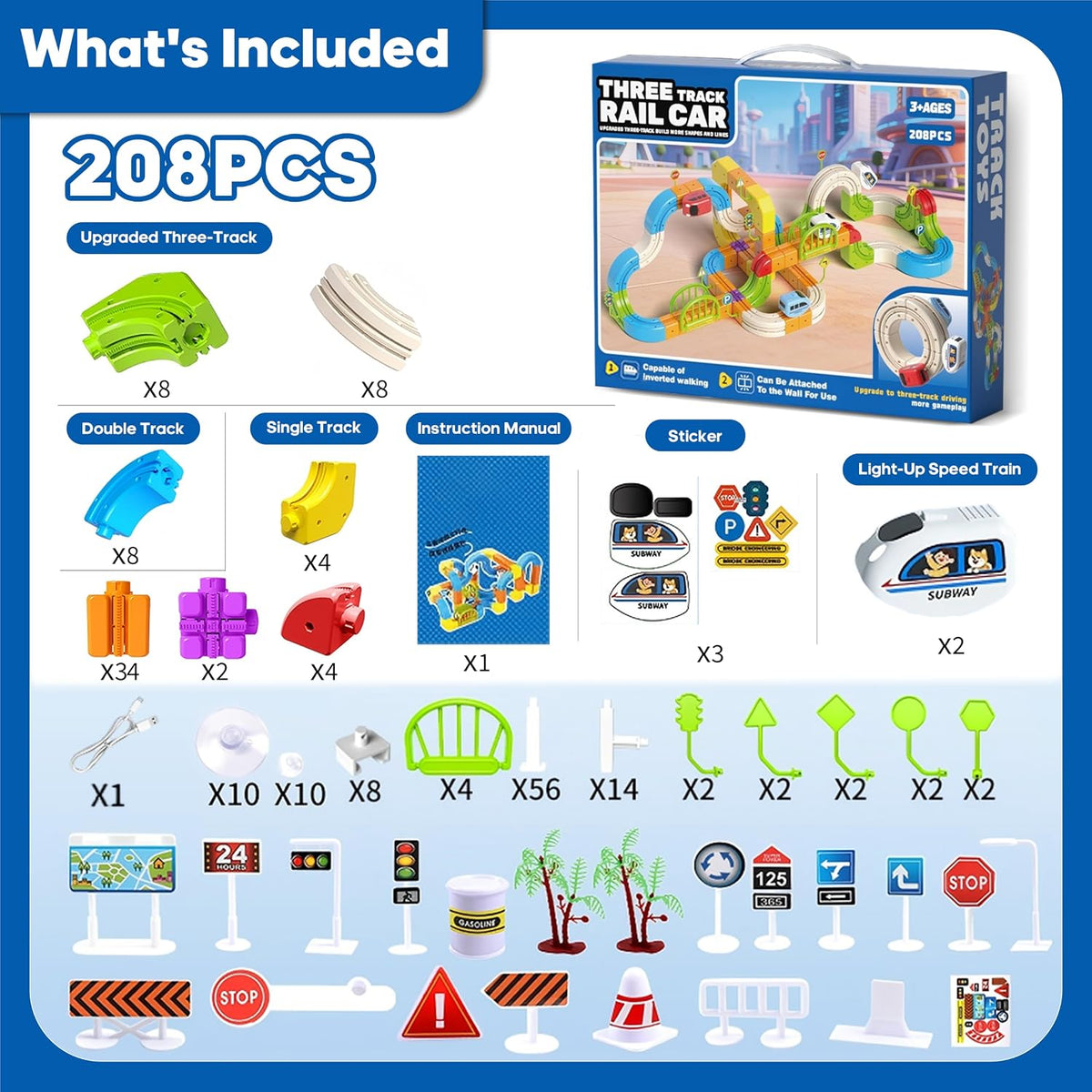 Juego de tren eléctrico 208PCS, juguete de 3 pistas que desafía la