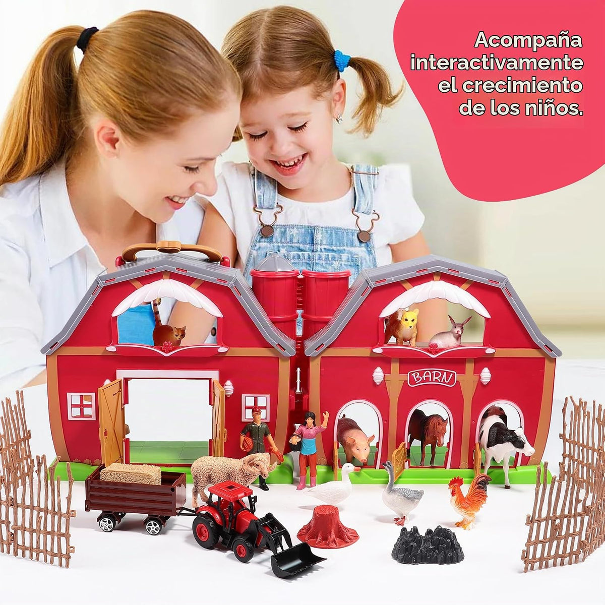 EnAuRoL Red Barn - Juguetes de animales de granja, 28 figuras de animales y tractor de granja, juguetes educativos de aprendizaje para niños pequeños y niños de 3, 4, 5 años, regalo de festival de cumpleaños