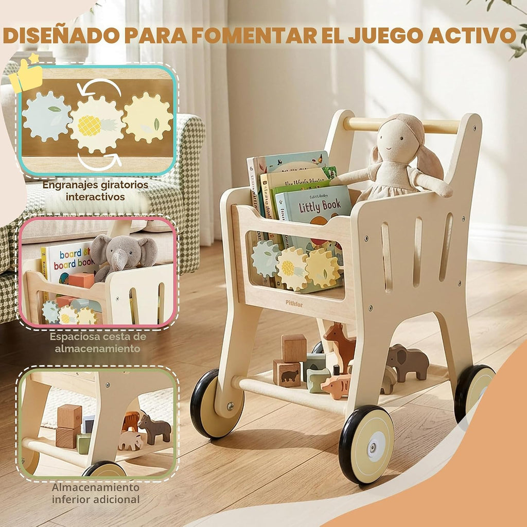 Carrito de compras de madera para niños, 3 en 1 caminante de madera para bebés, cochecito de muñeca de bebé, carrito de compras de juguete para niños pequeños de 1 a 3 años