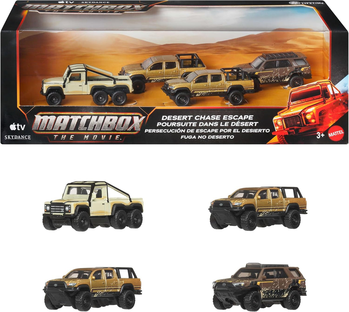 Matchbox - Autos de juguete Desert Chase Escape, paquete de 4 SUV fundidos a escala 1:64 de la película, incluye Toyota 4Runner con decoración exclusiva, juego coleccionable