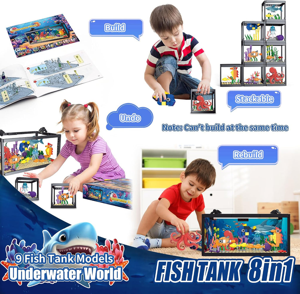 Juego de construcción de pecera 8 en 1, bloque de construcción de acuario marino con luz LED, recuerdos de fiesta, 9 modelos de juguete que incluye cangrejo de pulpo, regalos de cumpleaños de Navidad para niños y niñas de 6, 8, 10, 12 años en adelante