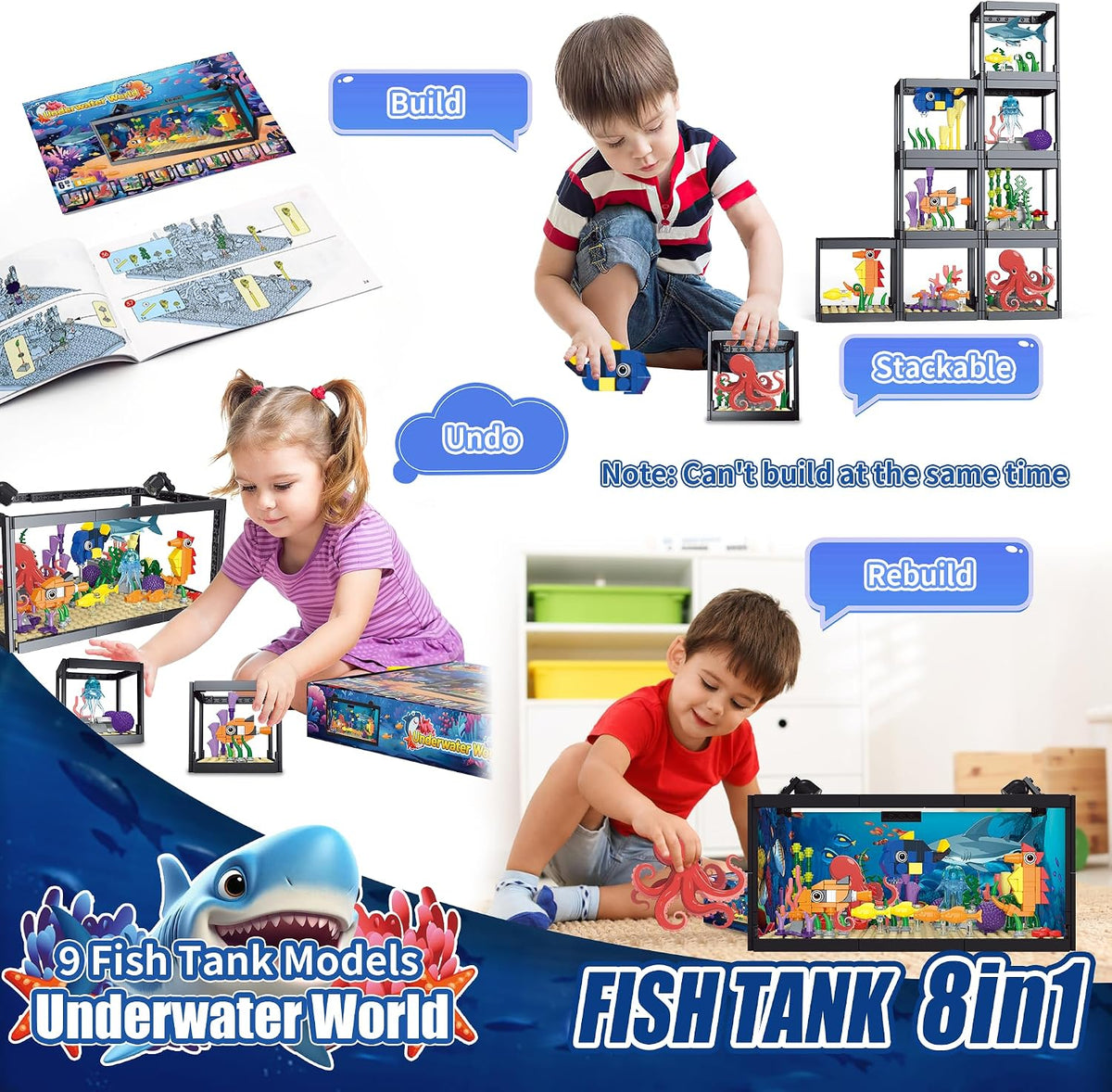 Juego de construcción de pecera 8 en 1, bloque de construcción de acuario marino con luz LED, recuerdos de fiesta, 9 modelos de juguete que incluye cangrejo de pulpo, regalos de cumpleaños de Navidad para niños y niñas de 6, 8, 10, 12 años en adelante
