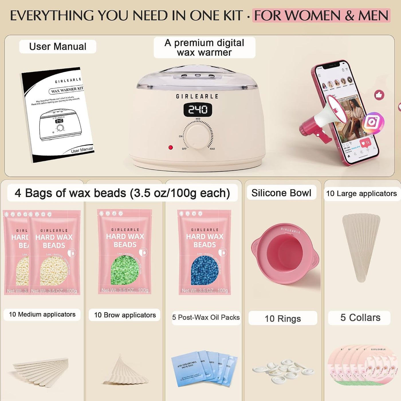 GIRLEARLE Kit de cera digital premium para mujeres y hombres, calen...