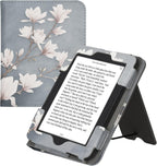 kwmobile Funda compatible con Barnes & Noble Nook Glowlight 4 / 4e - Funda de piel sintética con cierre magnético, soporte, correa, ranura para tarjetas, magnolias gris pardo/blanco/azul gris