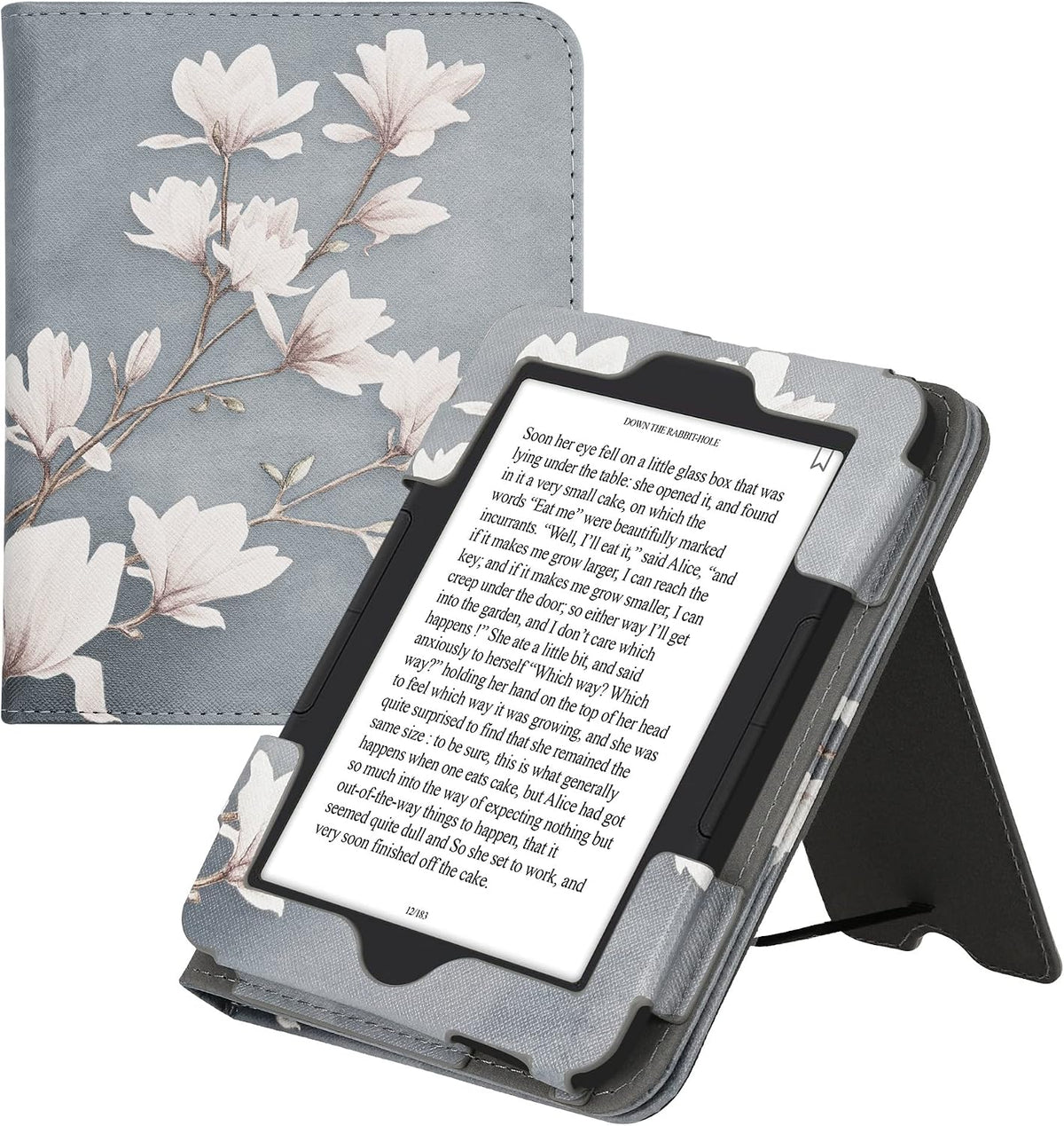 kwmobile Funda compatible con Barnes & Noble Nook Glowlight 4 / 4e - Funda de piel sintética con cierre magnético, soporte, correa, ranura para tarjetas, magnolias gris pardo/blanco/azul gris