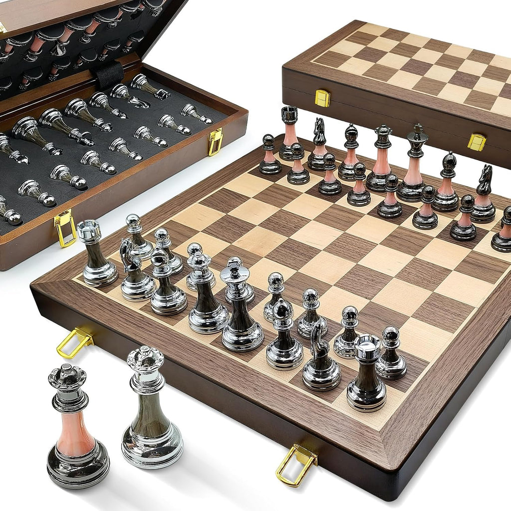 Juego de ajedrez de madera plegable grande de 17 pulgadas con piezas