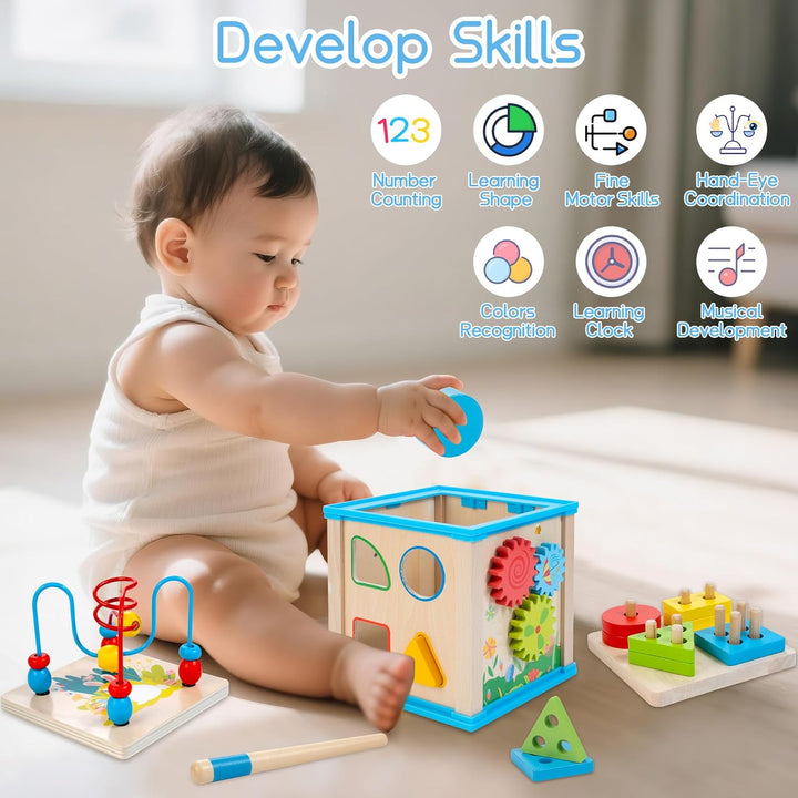 WOODMAM Cubo de Actividades de Madera 7 en 1, Juguetes Montessori p...