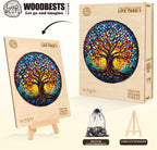 WOODBESTS Rompecabezas de madera para adultos (195 piezas - 29 x 28,7 cm) Rompecabezas de madera con forma única con árbol de la vida de vidrio coloreado Rompecabezas de madera para adultos con caja