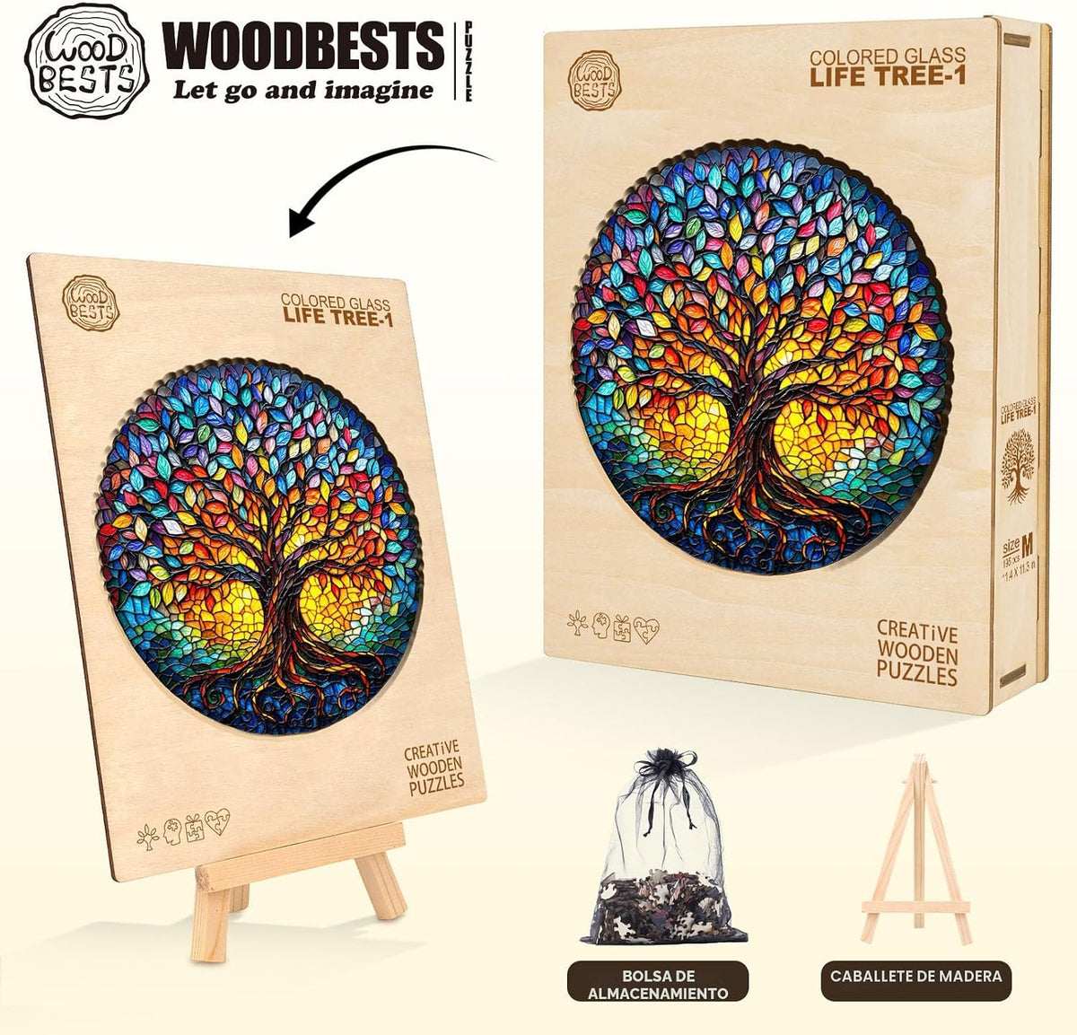 WOODBESTS Rompecabezas de madera para adultos (195 piezas - 29 x 28,7 cm) Rompecabezas de madera con forma única con árbol de la vida de vidrio coloreado Rompecabezas de madera para adultos con caja