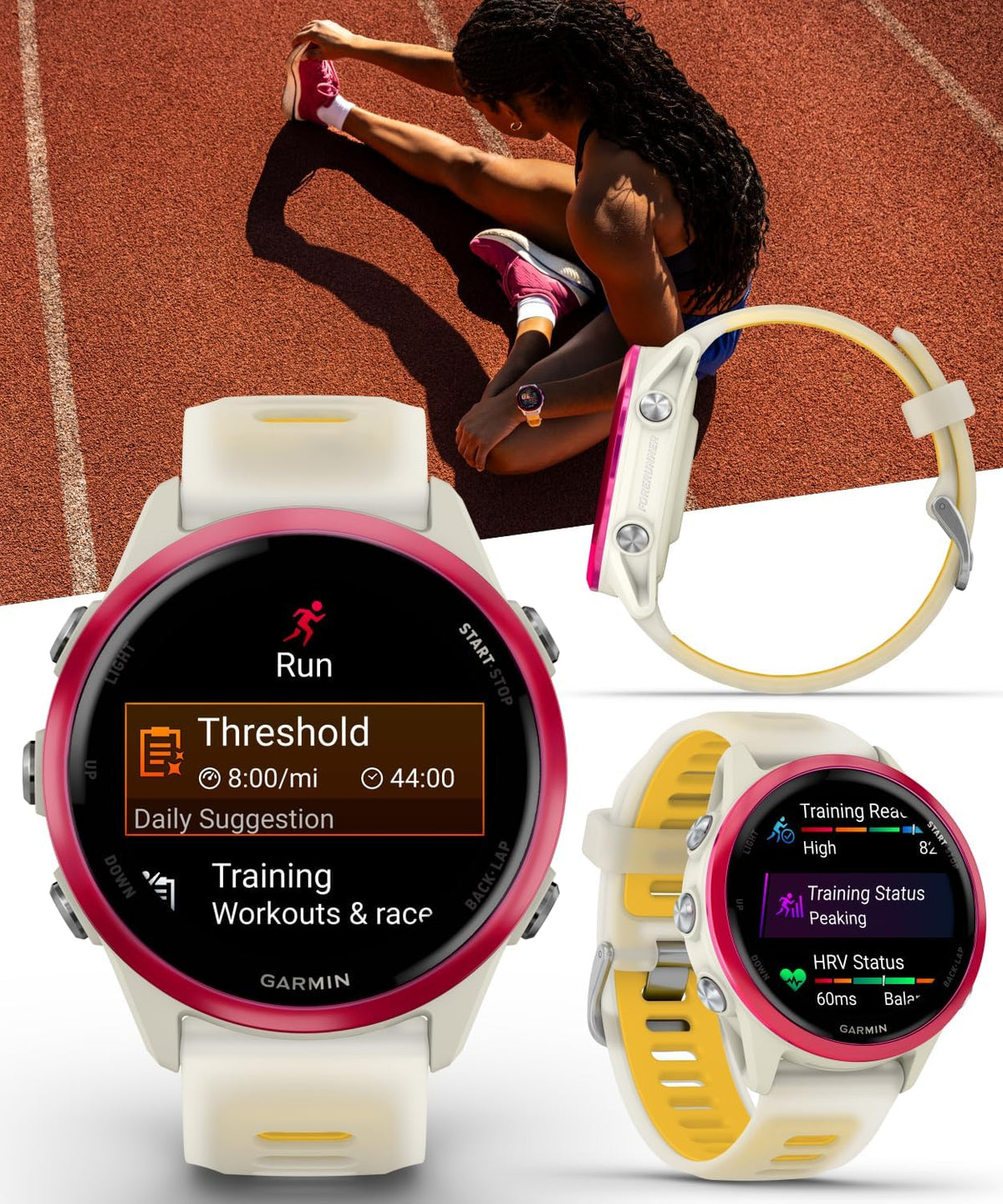 Garmin Forerunner 570 42mm Reloj inteligente avanzado GPS para correr y triatlón, pantalla AMOLED, funciones de entrenamiento y recuperación, aluminio frambuesa con banda translúcida hueso/mango con