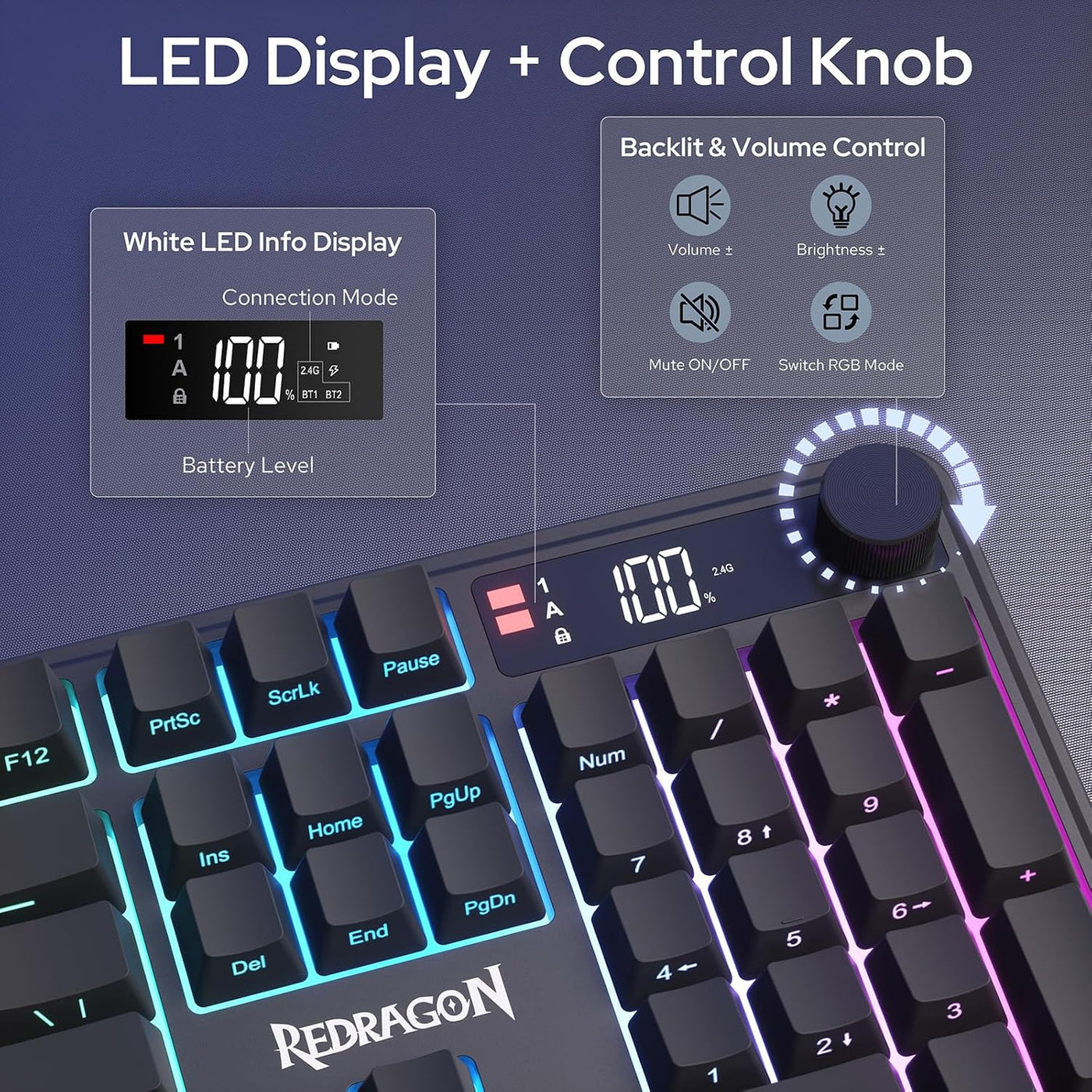 Redragon Teclado inalámbrico K526 PRO RGB para juegos, 104 teclas d...