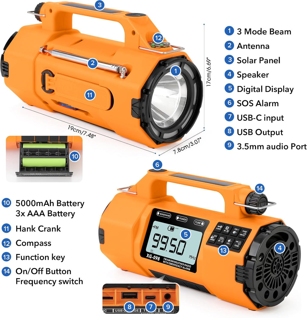 Radio solar de emergencia con manivela, radio meteorológica NOAA
