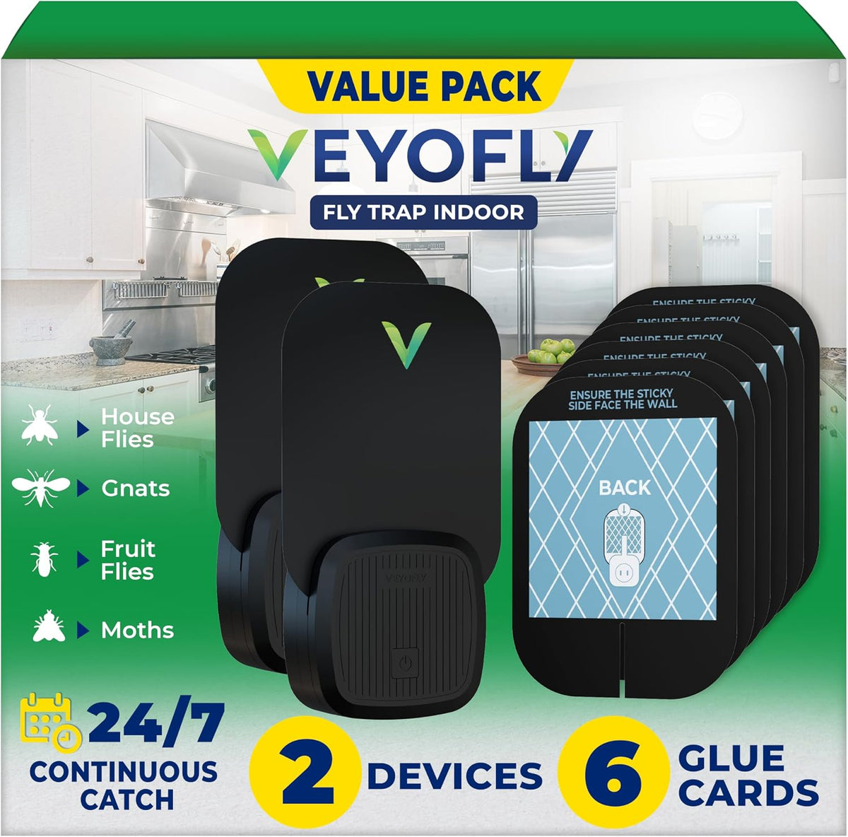 VEYOFLY Trampas para moscas de la fruta de interior con enchufe UV, trampa para mosquitos de la fruta, 2 dispositivos + 6 recambios