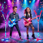 Juego de guitarra y micrófono para niños, 2 micrófonos amplificadores de voz con soporte brillante, juguete de música de karaoke con luz de escenario, regalo musical educativo para niños y niñas de 3