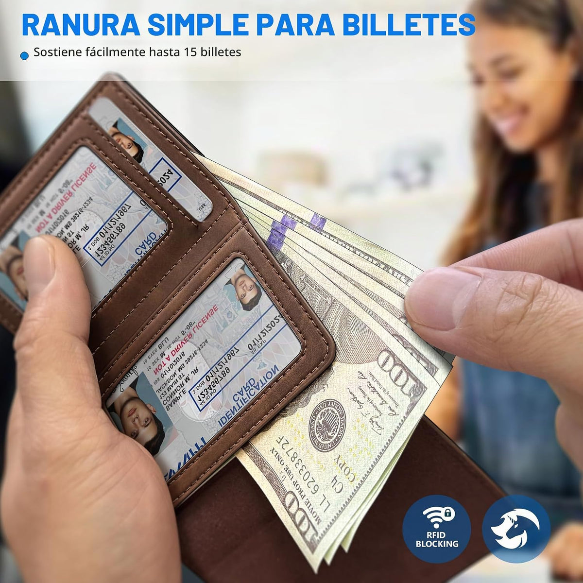 Cartera para hombre, tarjetero desplegable delgado con bloqueo RFID, billetera triple minimalista con 10 ranuras para tarjetas, bolsillo para efectivo y 2 ventanas para identificación, funda