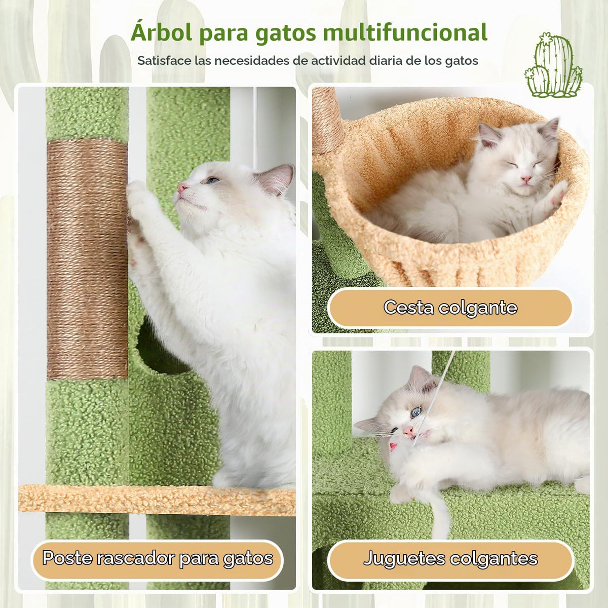Globlazer Árbol de Gato de Cactus en Esquina de 66 Pulgadas, Torre de Escalada de Cactus de Varios Niveles, Condos para Gatitos, Torre de Rascado para Gatos de Interior para Múltiples Gatos con