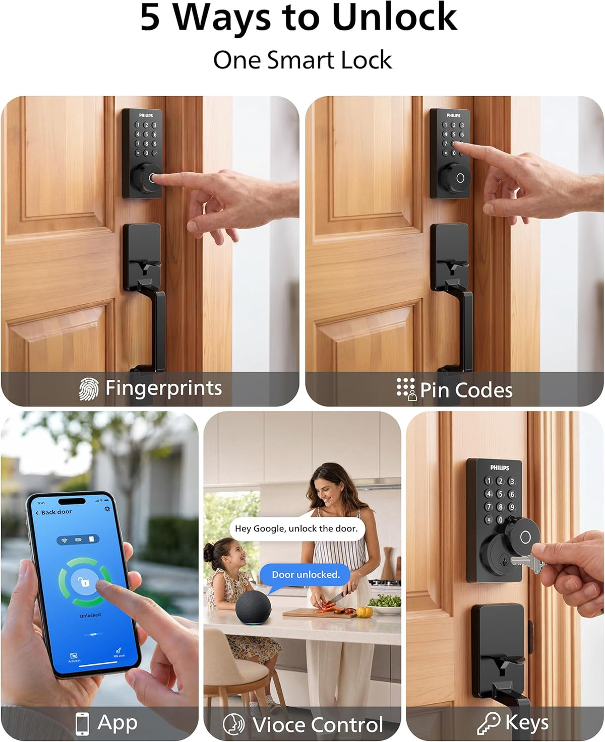 Cerradura inteligente Wi-Fi Philips con cerrojo de puerta y manija,...