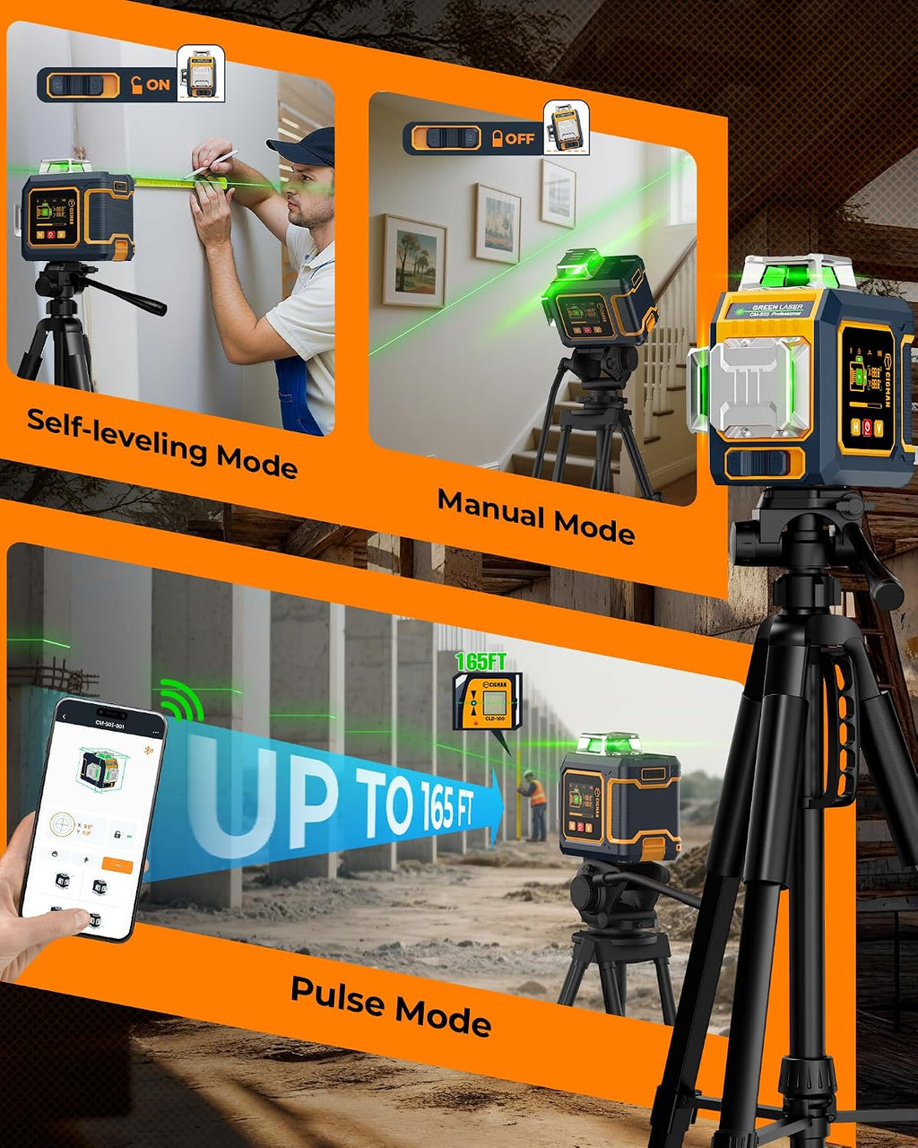 CIGMAN Nivel láser verde, LCD lateral de 3 x 360 ° de 12 líneas autonivelante, control remoto de aplicación Bluetooth, modo de pulso para receptor, ± 1/8 pulgadas a 33 pies de precisión