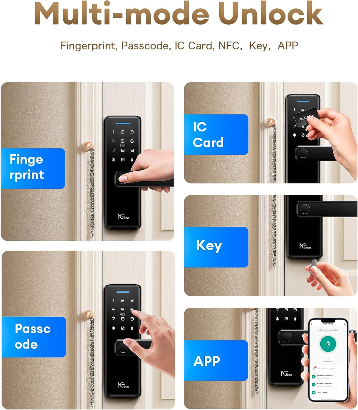 NGTeco Cerradura de puerta inteligente con manija de palanca, cerrojo de huella digital sin llave Wi-Fi, control de aplicación y teclado de pantalla táctil para puerta delantera