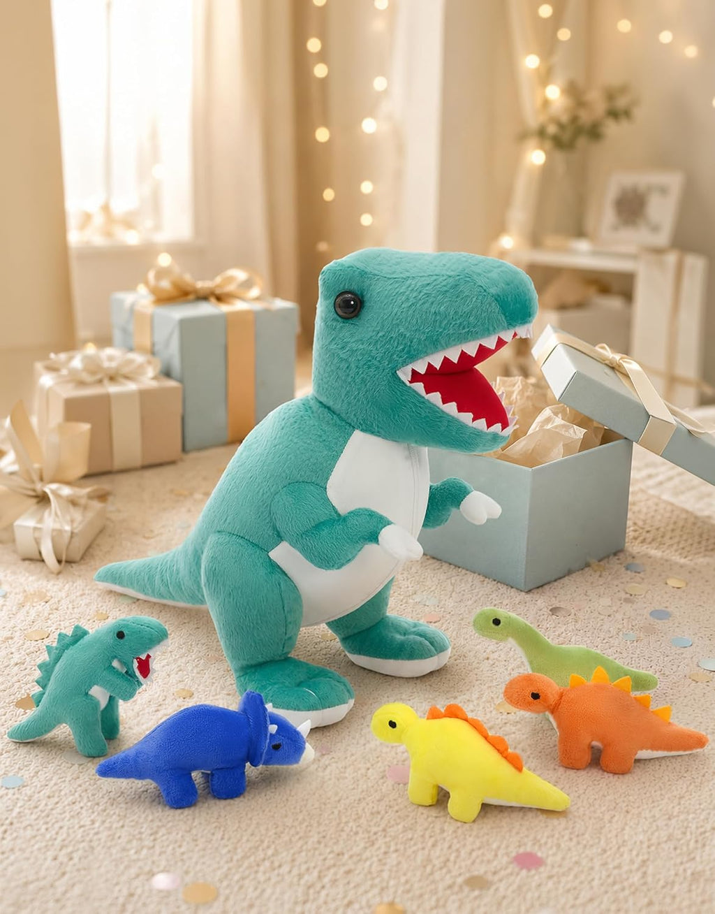 Muiteiur Animal de peluche de dinosaurio azul con 5 bebés, juego de peluche