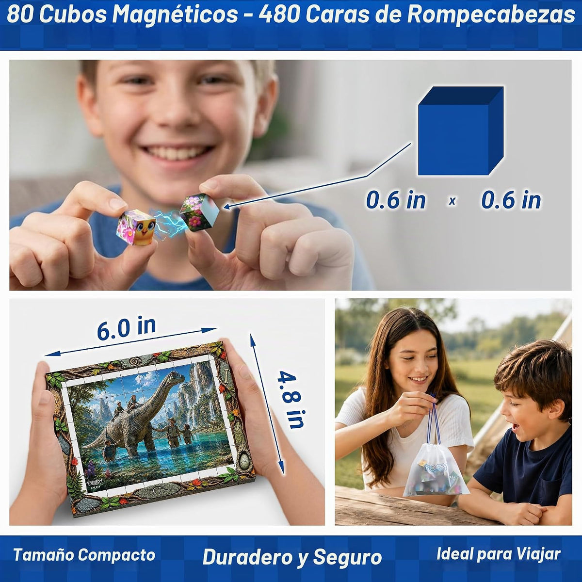 TOSY Picture Cube Life with Dinos: rompecabezas magnético 6 en 1, 80 bloques, 480 caras de rompecabezas, 0.63 pulgadas, B023, arte UV sin costuras, marco listo para exhibición, coleccionable, regalo