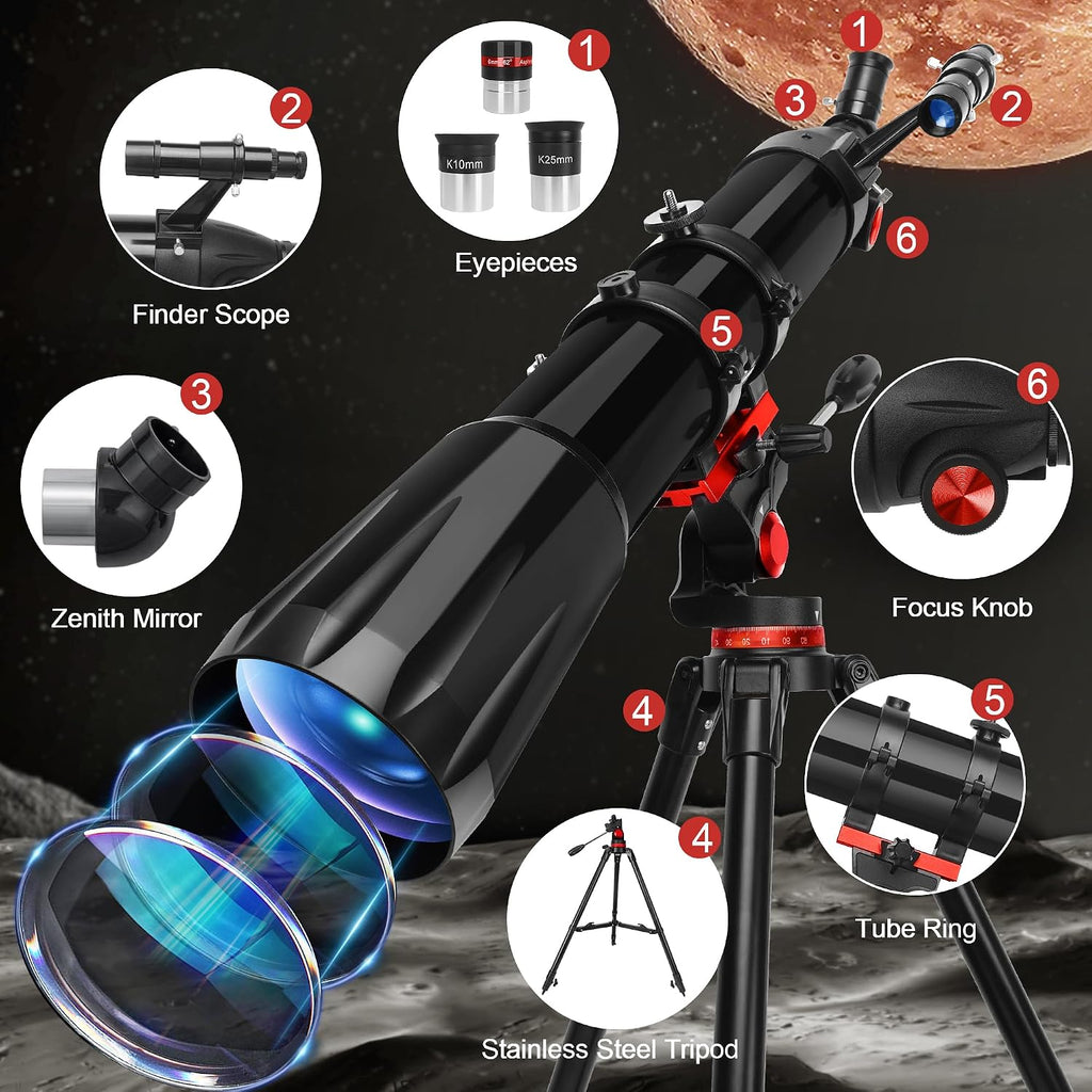 Telescopio HETEKAN para adultos de alta potencia, apertura de 3.543 in, refractor de 35.433 in