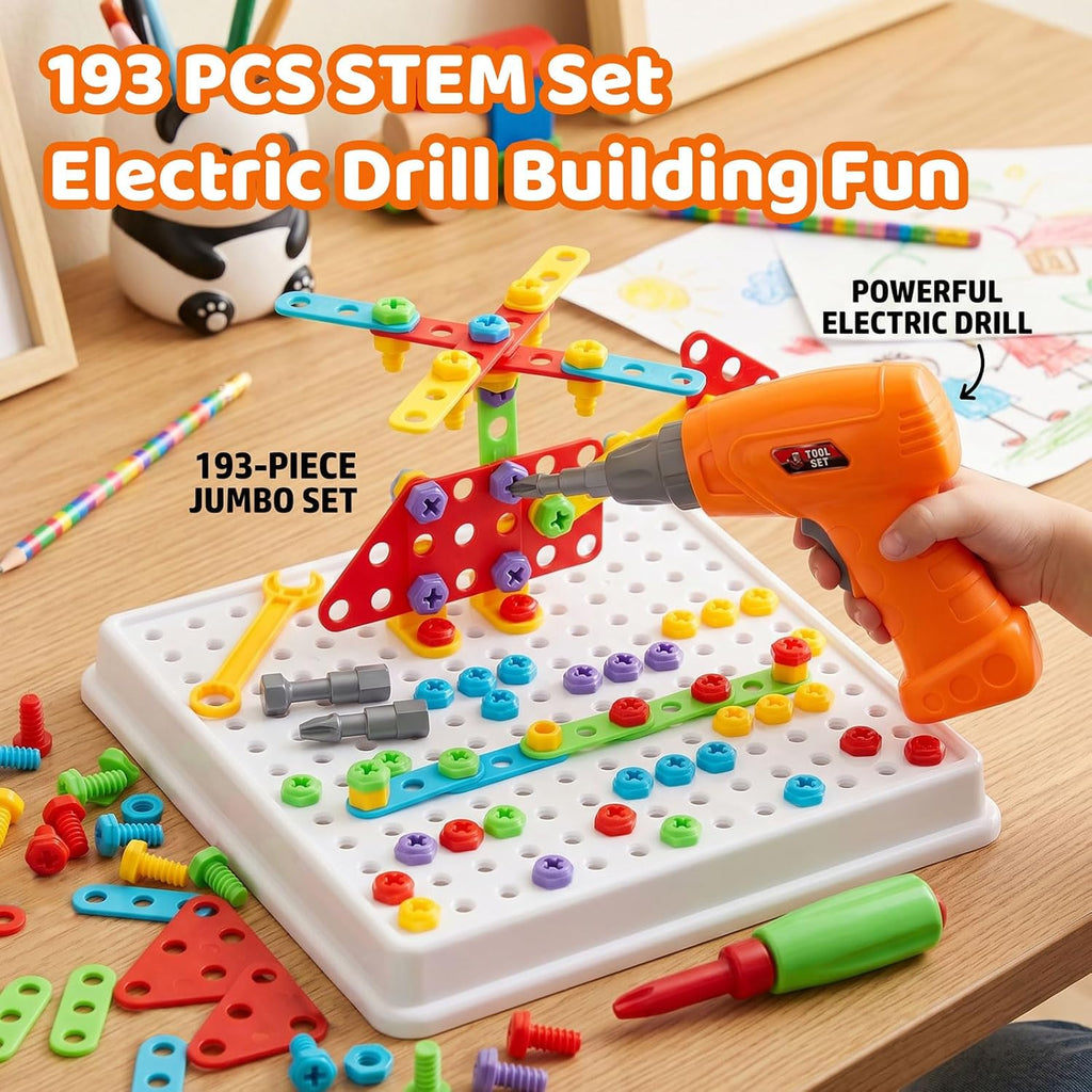 Kit de taladro y construcción STEM para niños de 3 a 8 años | Taladro de juguete eléctrico con más de 193 piezas (tornillos, tuercas, sujetadores de arco iris) | Juguetes de construcción de diseño
