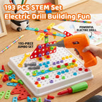 Kit de taladro y construcción STEM para niños de 3 a 8 años | Taladro de juguete eléctrico con más de 193 piezas (tornillos, tuercas, sujetadores de arco iris) | Juguetes de construcción de diseño