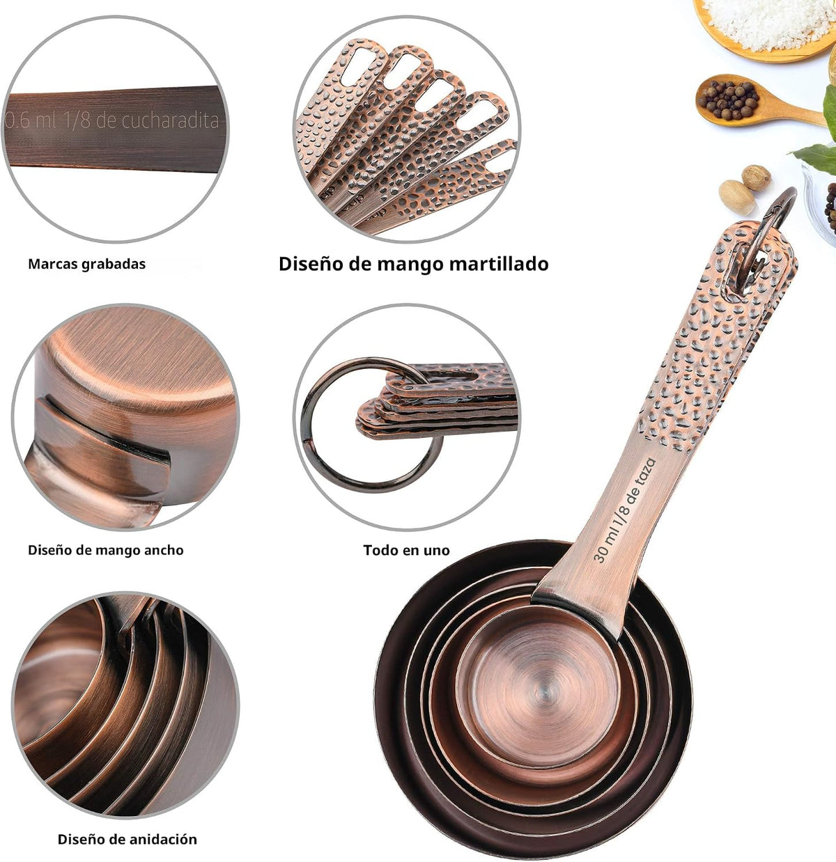 Juego de 14 Tazas y Cucharas Medidoras, Juego de Tazas y Cucharas Medidoras de Cobre para Secos y Líquidos, Métricas y de EE.UU. de Acero Inoxidable, 6 Tazas Medidoras y 7 Cucharas con
