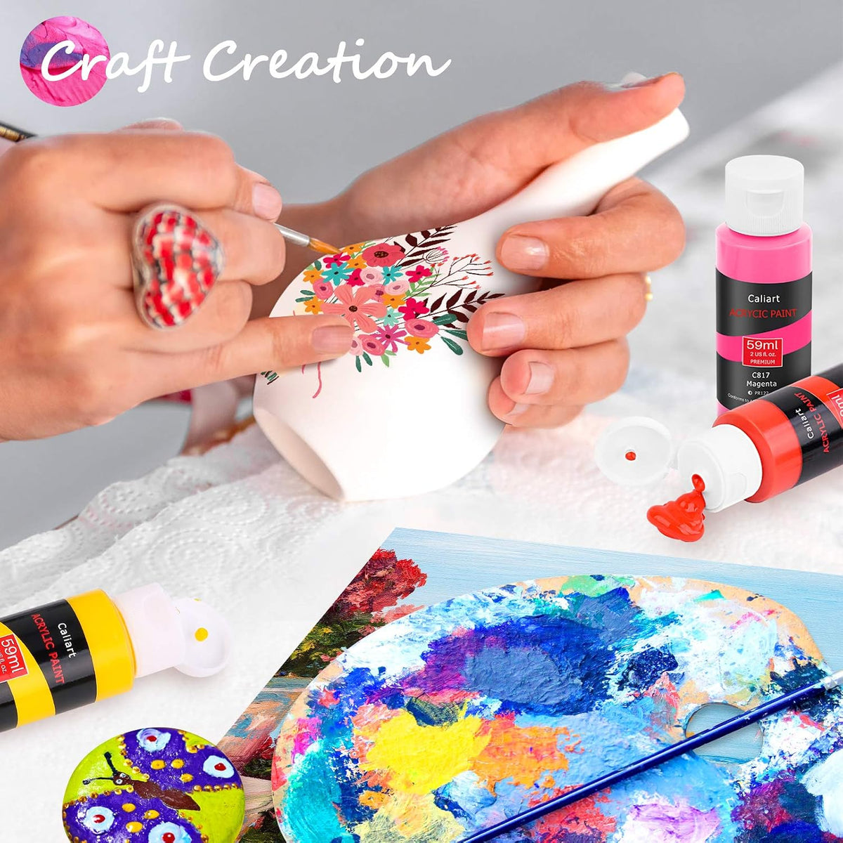 Caliart Juego de pintura acrílica de 52 colores con pinceles de pintura