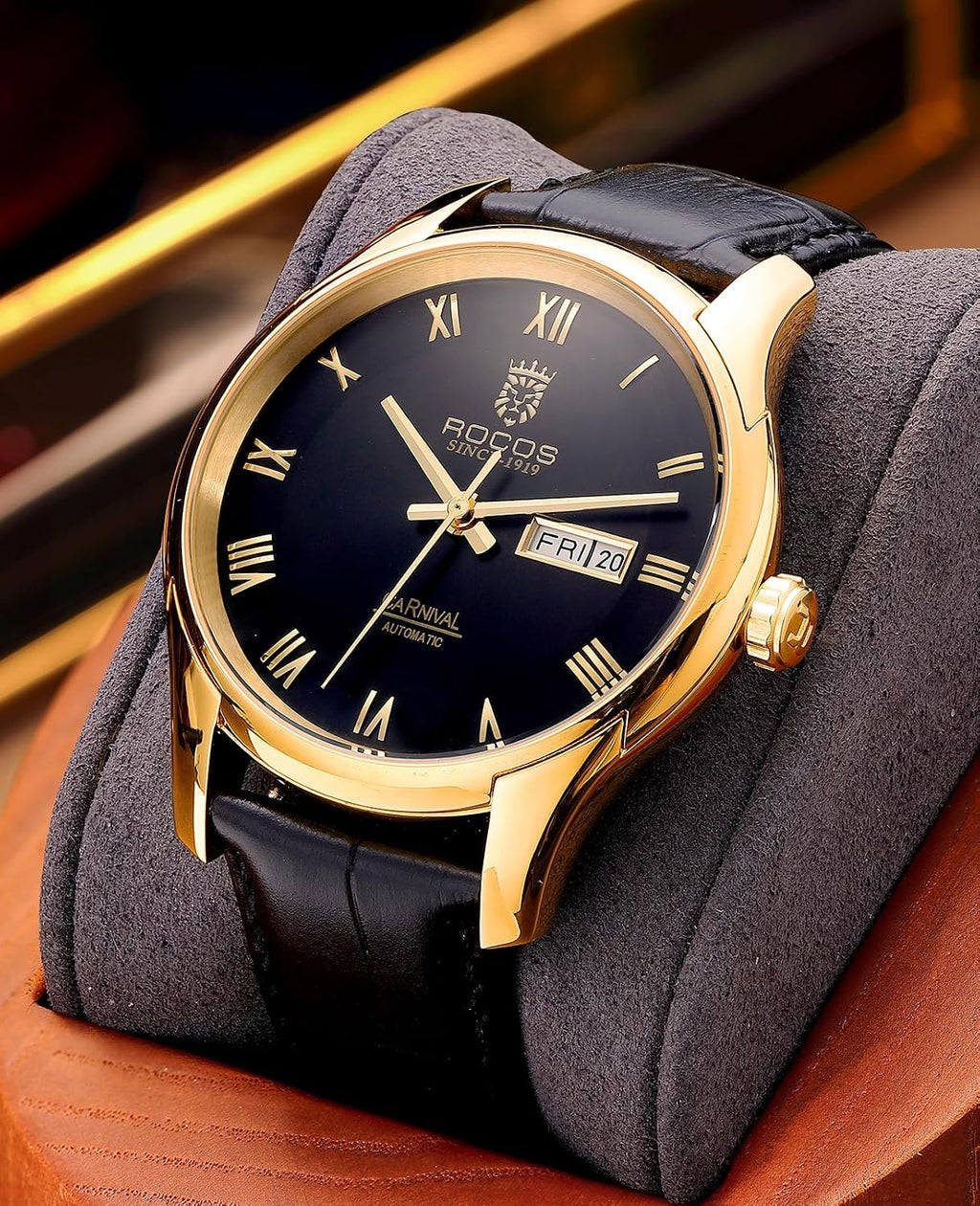ROCOSJEWE Reloj de vestir masculino automático de cuerda automática - Caja de acero inoxidable dorado, números romanos, correa de cuero marrón, indicación de día y fecha, tapa esqueletada, reloj de pulsera de lujo para negocios, uso casual y diario