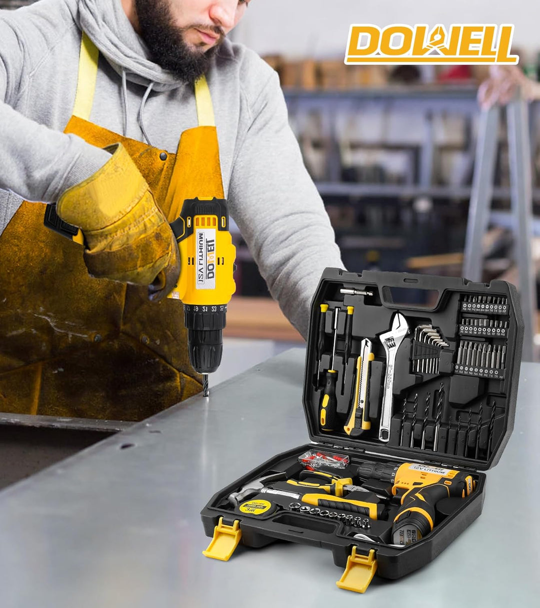 DOWELL Kit de herramientas de 147 piezas con taladro inalámbrico de...