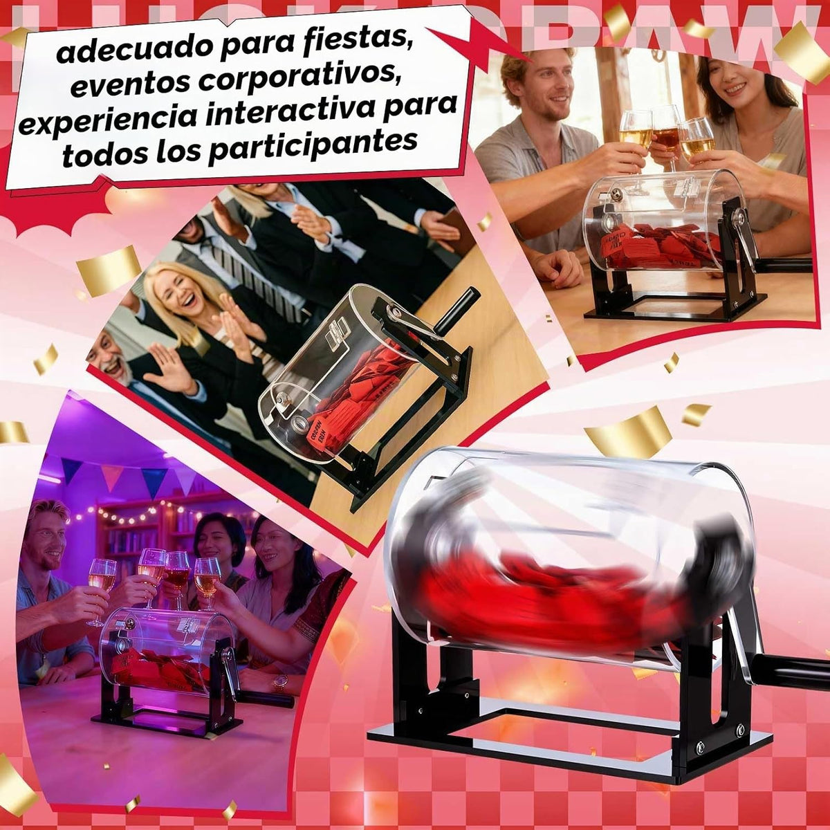 Leinuosen Tambor pequeño de acrílico para rifa, 8.7 x 5 x 7 pulgadas, boletos de rifa transparentes con mano agitadora, caja giratoria transparente para juegos de sorteo pequeños, actividades de fiesta (cilíndrica, negro)