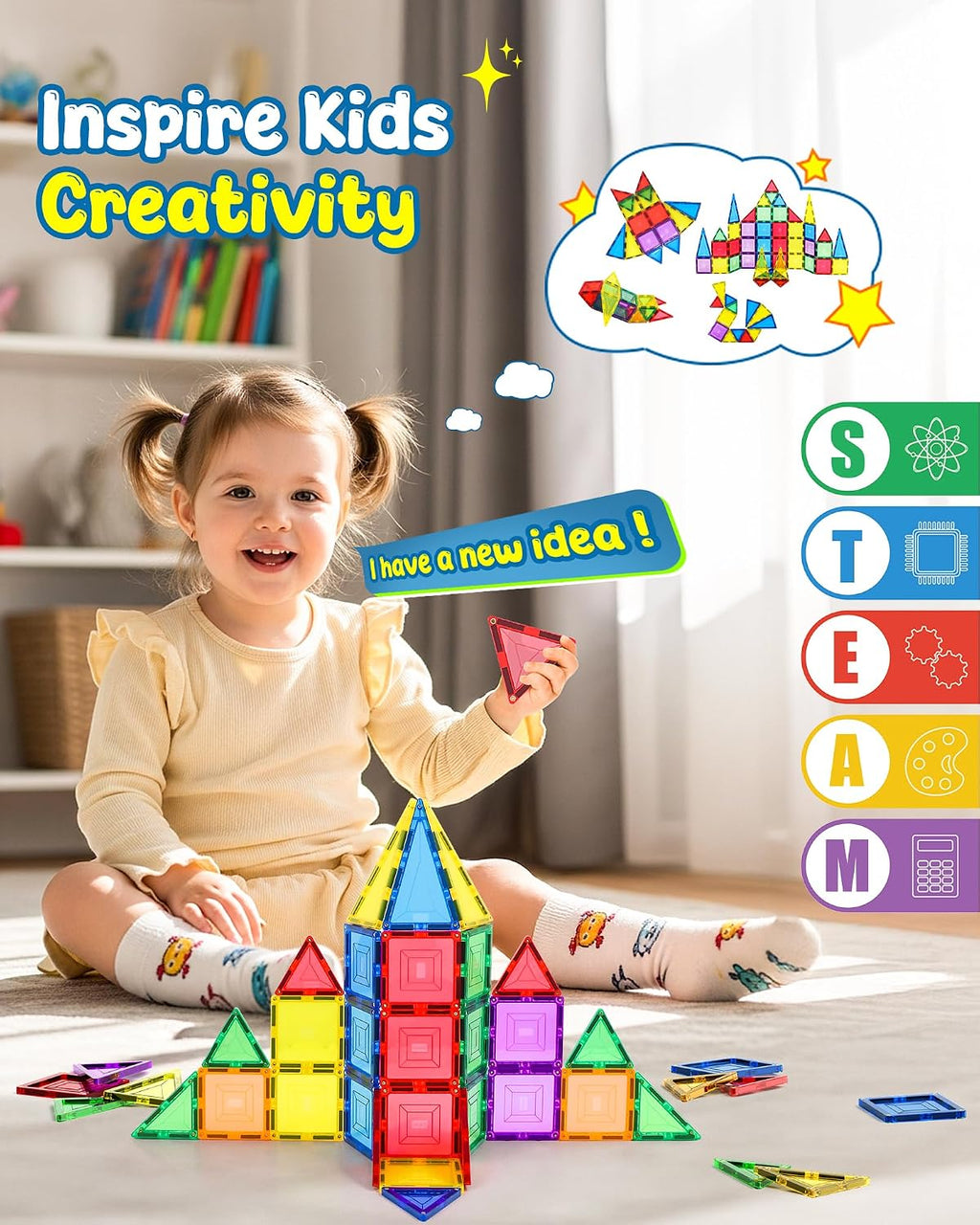 Loolinn Azulejos magnéticos para niños pequeños (mayores de 3 años) - Seguro para niños, certificado de seguridad, remaches reforzados, 100% no tóxico, fuerte magnetismo - Juguete creativo de azulejos