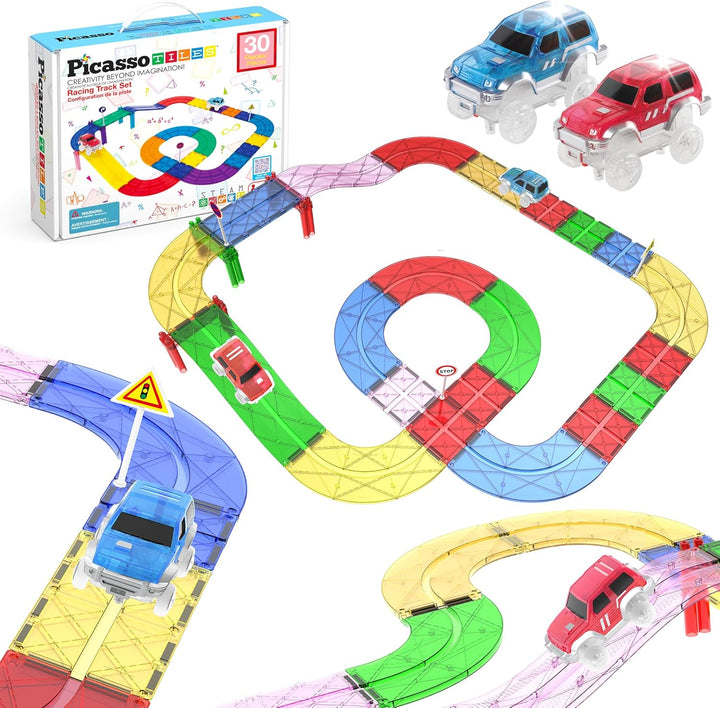 PicassoTiles Juego de azulejos magnéticos para carreras de autos em...