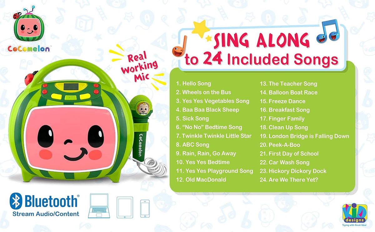 Cocomelon - Máquina de karaoke Bluetooth para niños con canciones integradas