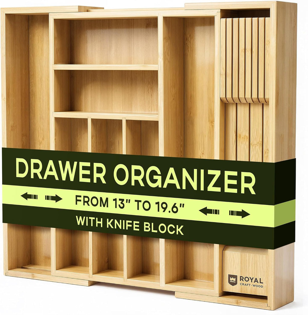 Organizador de cajones para organización de la cocina, organizador de cajones de cubiertos de bambú expandible con bloque de cuchillos extraíble, cubiertos de bambú, organizador de utensilios